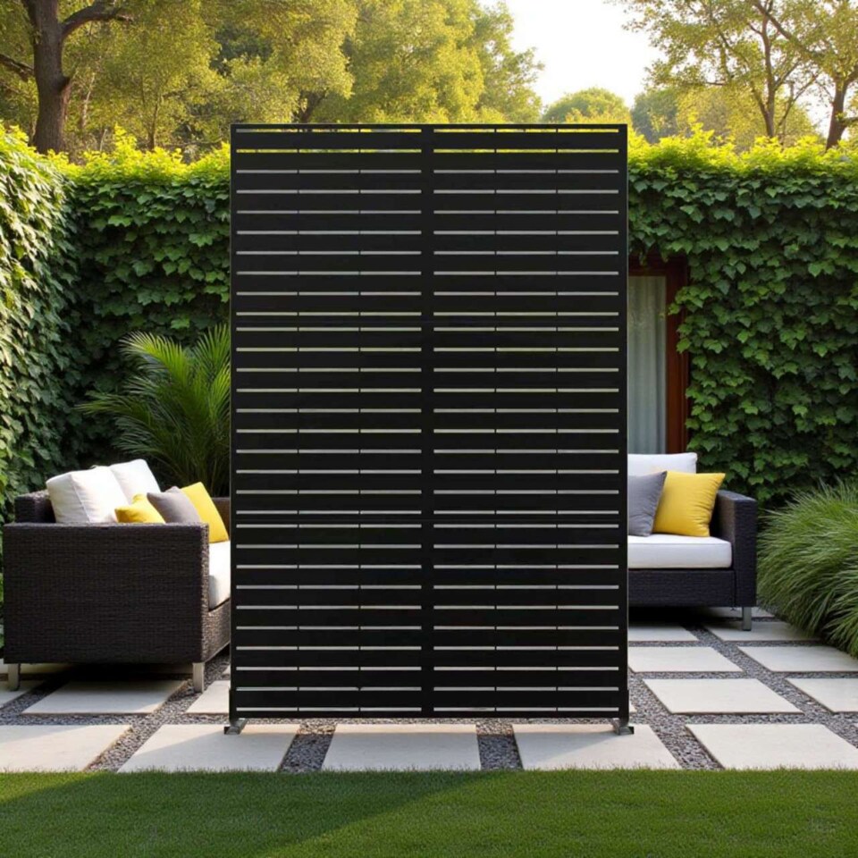 image 1 of Nicoman Metal Slat Indoor Outdoor Privacy Screen with Stand | Black | Black | 1