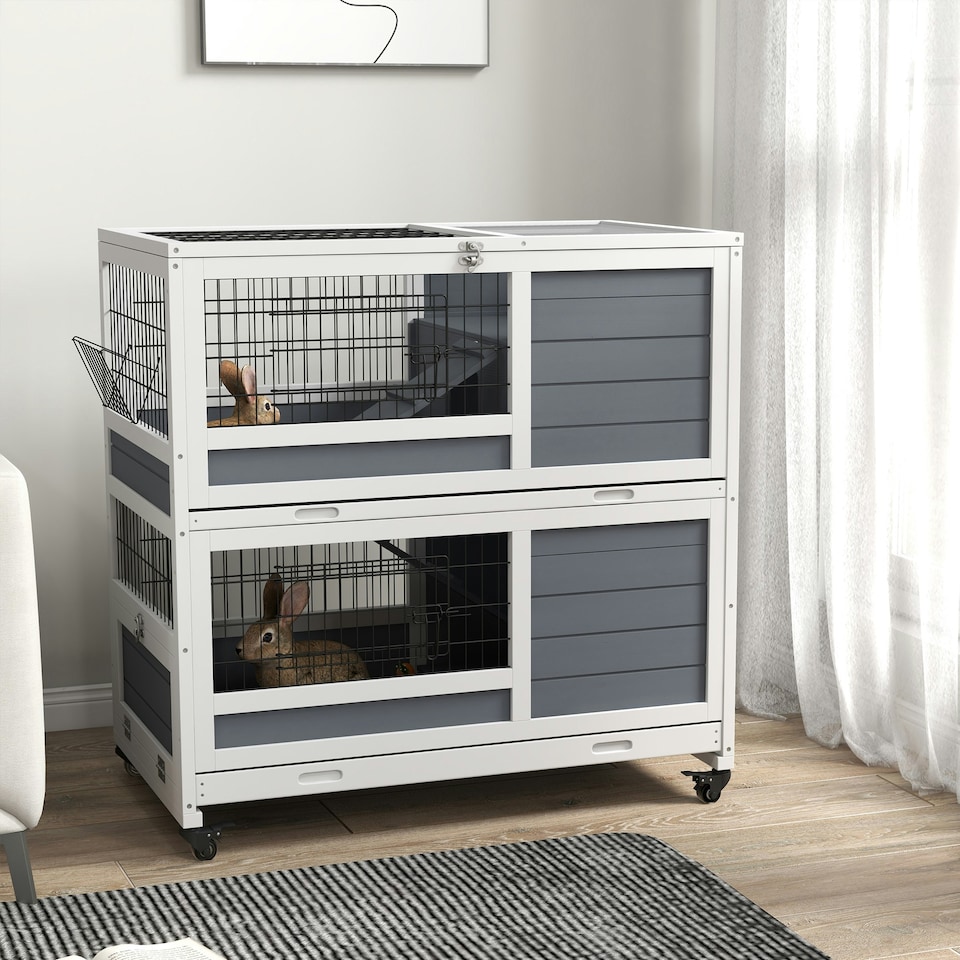 image 1 of PawHut Rabbit Hutch, Indoor Wooden House w/ Wheels, Trays, Grey