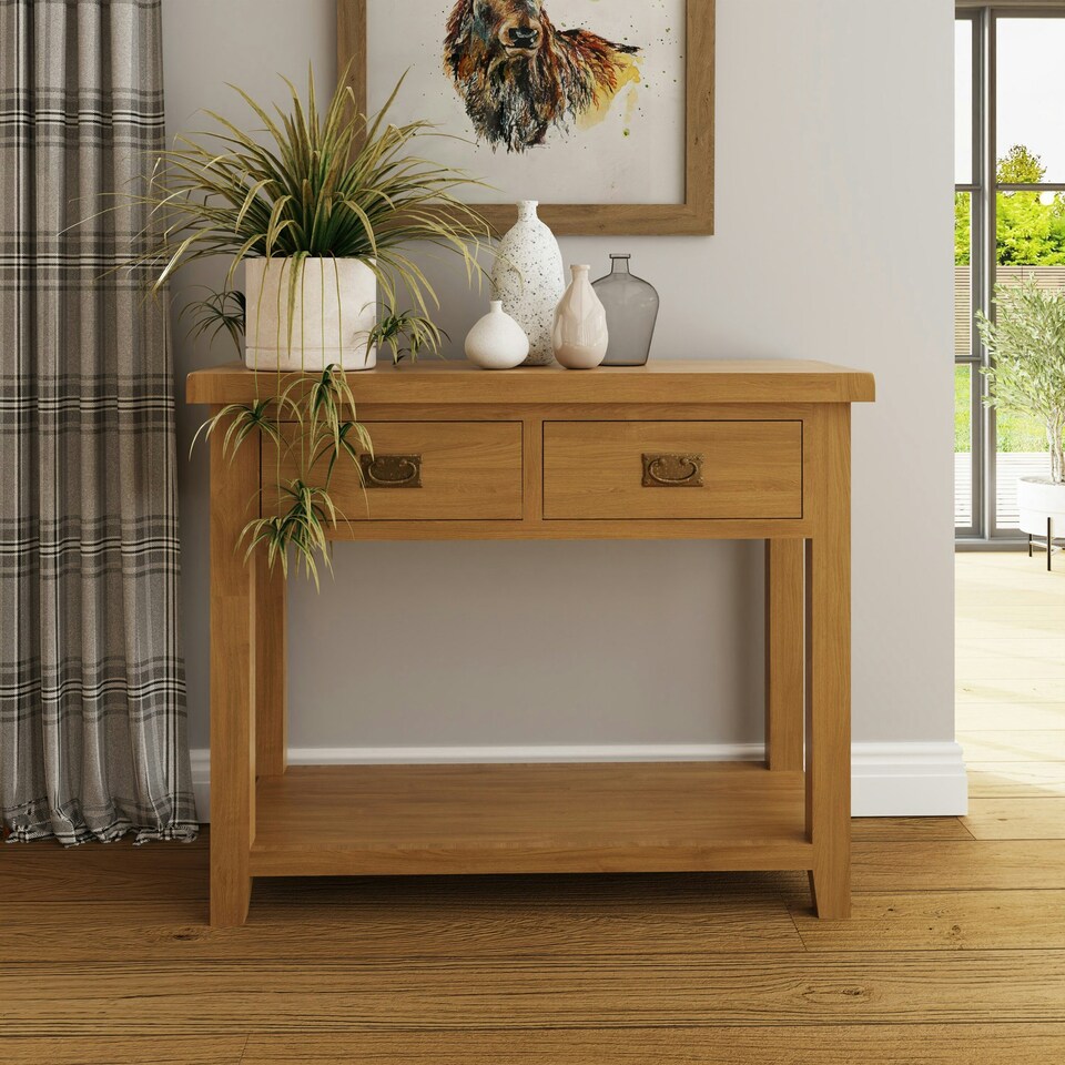 image 1 of Robus Solid Oak Console Table 2 Drawer Brown
