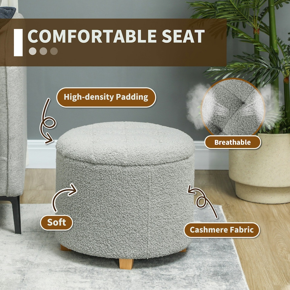 image 1 of HOMCOM 45cm Round Ottoman with Storage, Lid, Cashmere Footstool, Grey