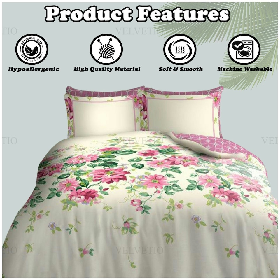 image 1 of VELVETIO Fossy Complete Duvet Cover Set with Fitted Sheet Soft Printed Bedding Bedset Cream | King