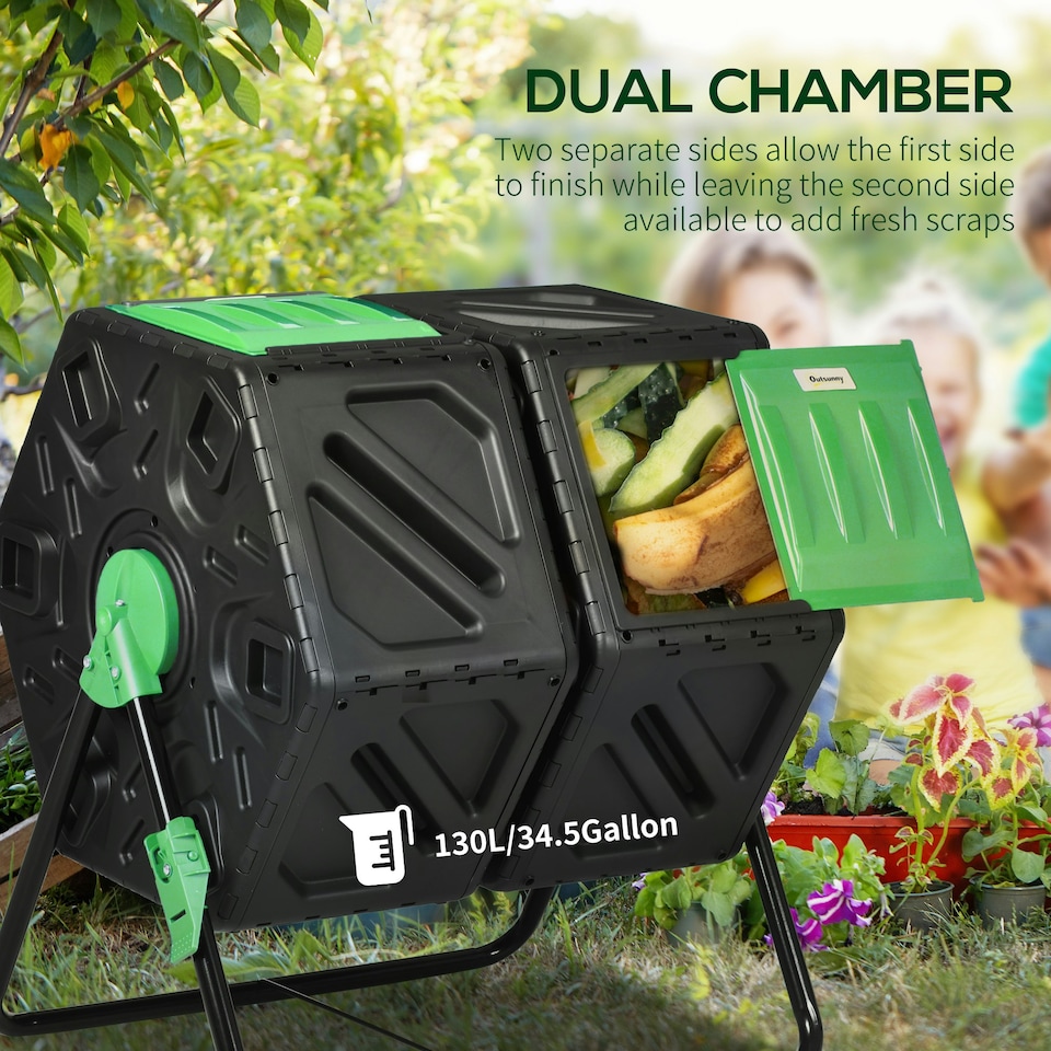 image 1 of Outsunny 130L Compost Bin Dual Chamber Rotating Composter w/ Ventilation Holes