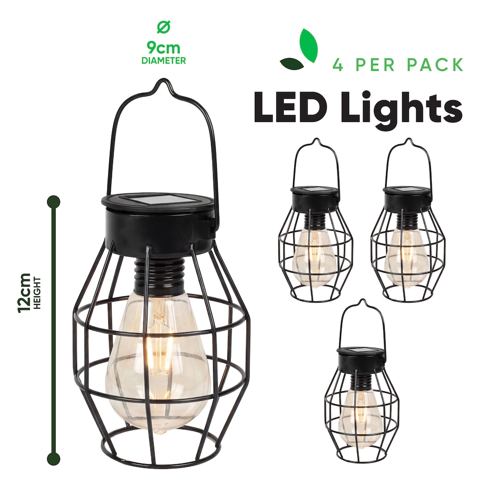image 1 of Pack of 4 Timeless Mini Caged Solar Lanterns, Warm White | Black