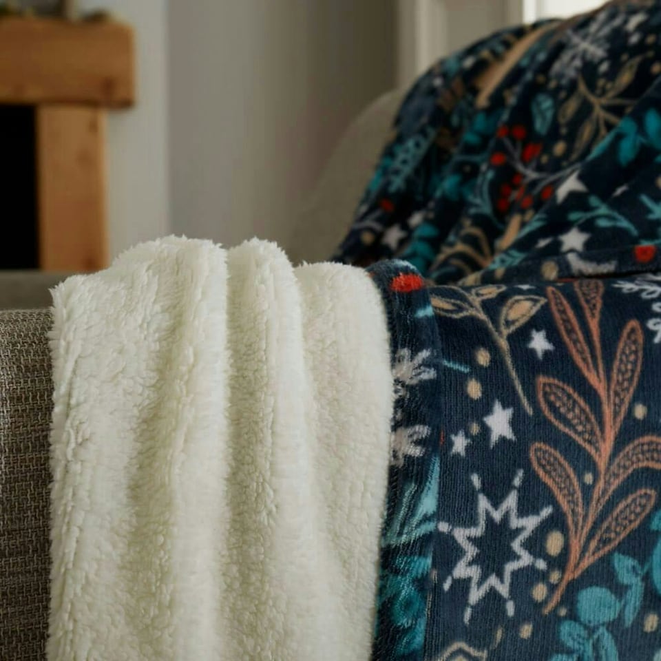 image 1 of Winter Stags Navy Sherpa Fleece Throw Blue | 130x170cm