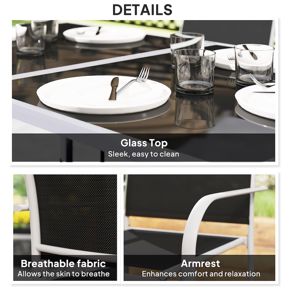 image 1 of Outsunny 7 Piece Garden Dining Set, Outdoor Table and 6 Stackable Chairs, Steel Frame, Tempered Glass Top Table, Mesh Seats, Black