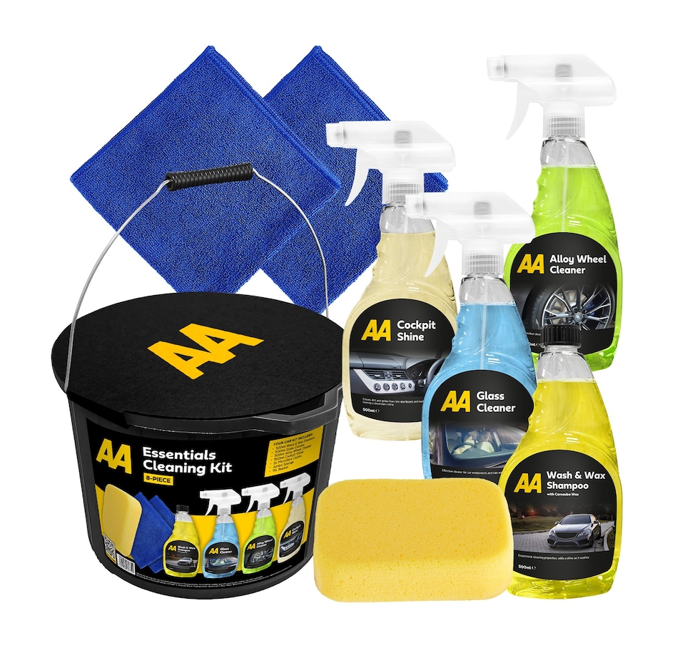 image 1 of AA Car Cleaning Kit, 8-Piece Set with 4 Cleaners, Microfibre Cloths, Sponge and Bucket