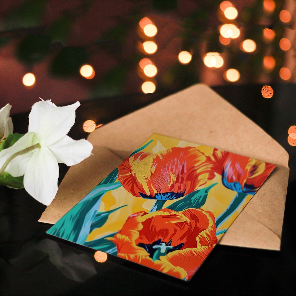 image 1 of Greeting Card Vibrant Orange Tulip Flowers Floral Oil Painting