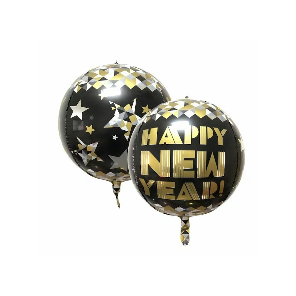 image 1 of Realmax Round New Year 4D Balloon - Black/Gold - 22in
