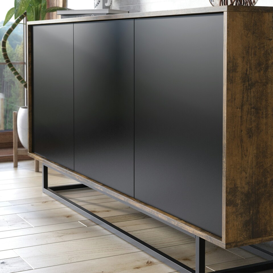image 1 of Sideboard 160cm Industrial Oak & Black Matt – 3 Door Storage Cabinet with Metal Legs Bronze | Black