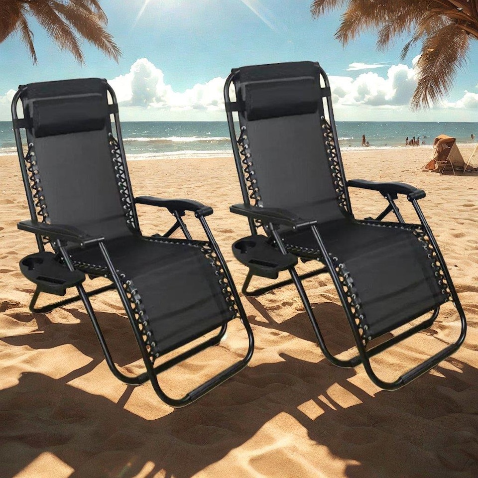 image 1 of Set of 2 Padded Zero Gravity Recliner Chairs with Cup Holders - Outdoor Garden Lounger