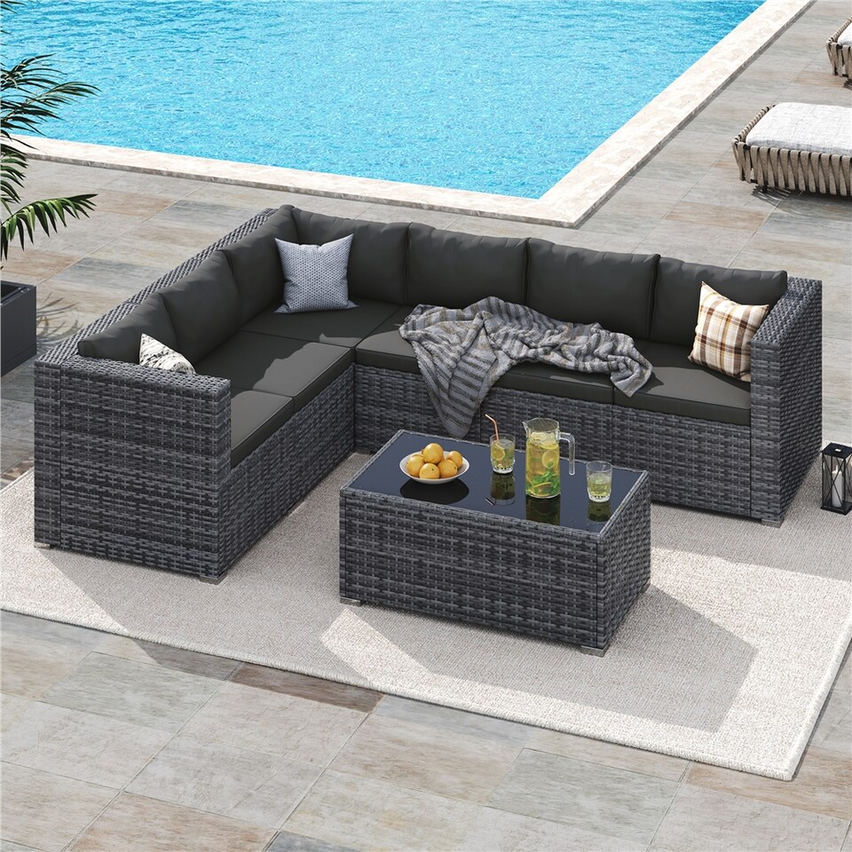 image 1 of Yaheetech 7-Piece Modular PE Rattan Patio Furniture with Thick Cushions-Grey