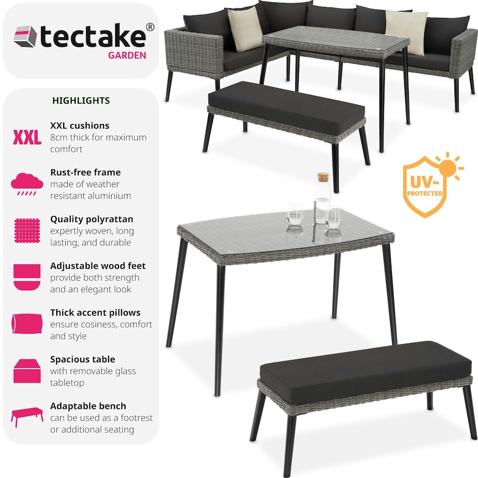image 1 of Garden Furniture Set Pula - outdoor sofa set with table, seating bench, thick seat cushions - Grey