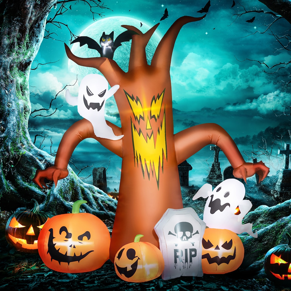 image 1 of Outsunny 7.9FT Tall Halloween Inflatable Ghost Tree with Pumpkins, White Ghosts and Tombstone, Blow-Up Outdoor Halloween Decoration for Lawn, Garden, Party