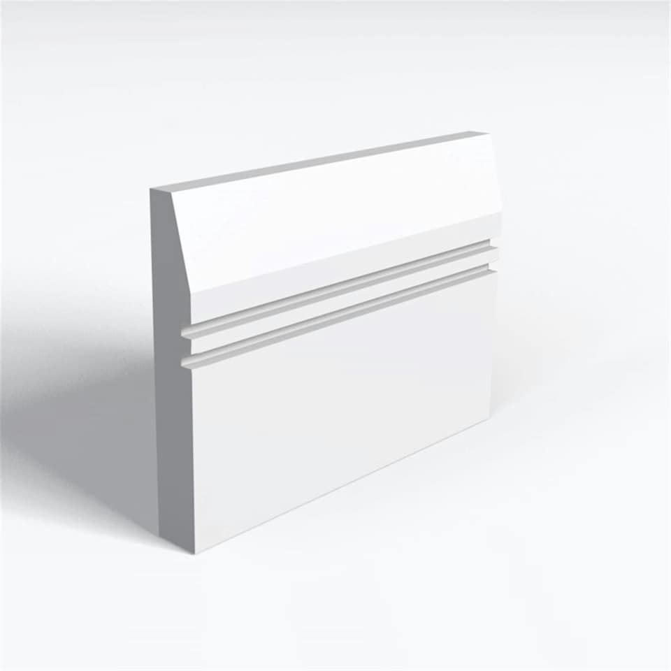 Pack of 10 (Total 10 Units) - MR MDF Primed Splay & 2 Square Grooves Skirting Board & Rebate - 18mm (T) x 144mm (H) x 4200mm (L)
