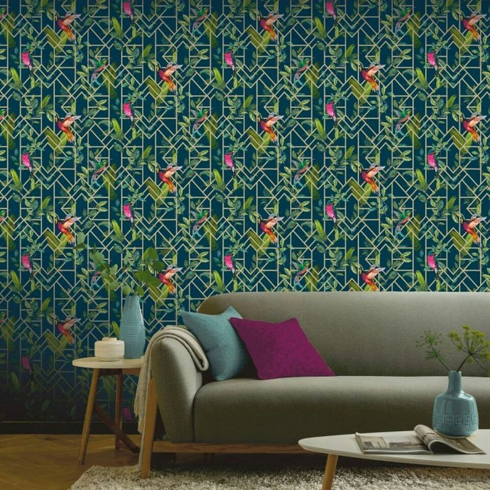 image 1 of Arthouse Deco Tropical Wallpaper - Navy/Gold - One Size Blue