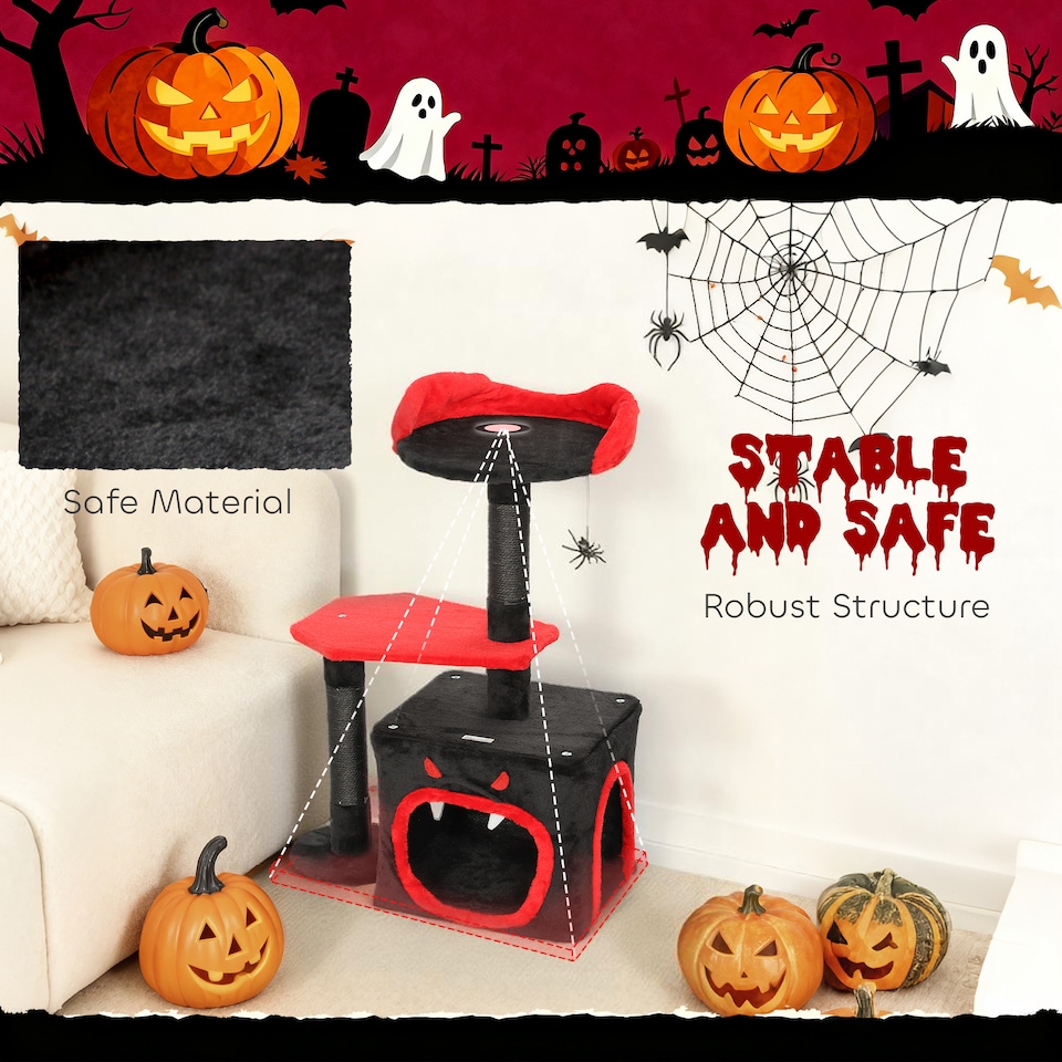 image 1 of PawHut Gothic Cat Tree with Scratching Posts, Black, Halloween