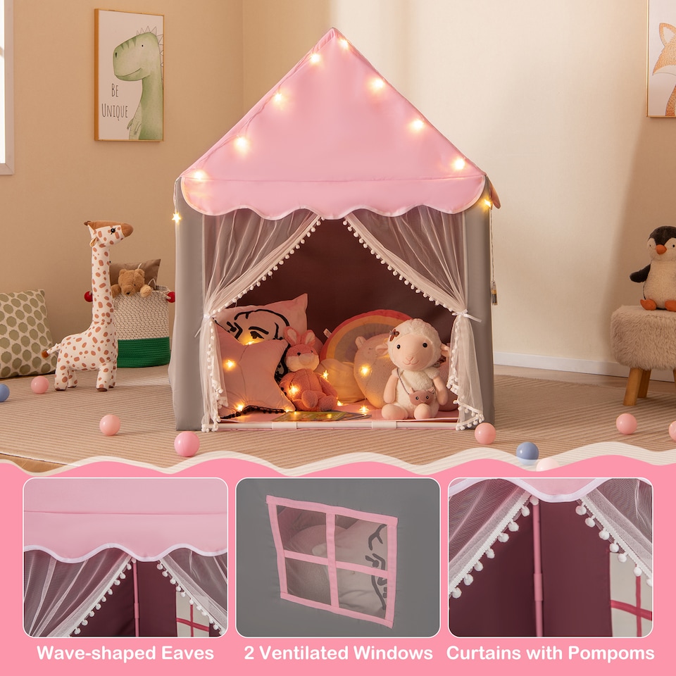 image 1 of COSTWAY Kids Playhouse Tent w/ Washable Mat & Star Lights-Pink