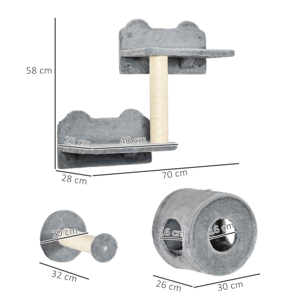 image 1 of PawHut 5Pcs Cat Wall Furniture with Perch, Cat House, Scratching Post, Wall-Mounted Cat Tree for Indoor Kittens - Grey