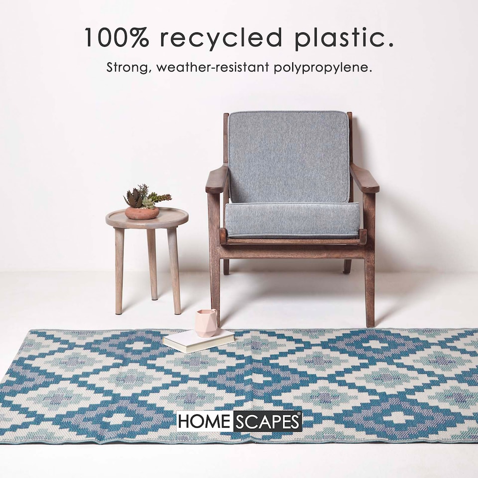 image 1 of Homescapes Outdoor Rug Luxury Waterproof Reversible Recycled, For Garden, Mia Aztec | Blue | Blue