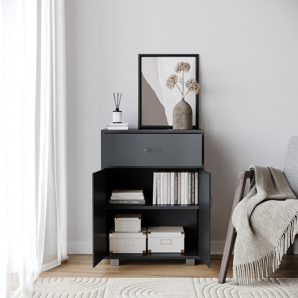 image 1 of Cabinet With Doors and Drawer | Black | 76 x 32 x 15.5 | 1