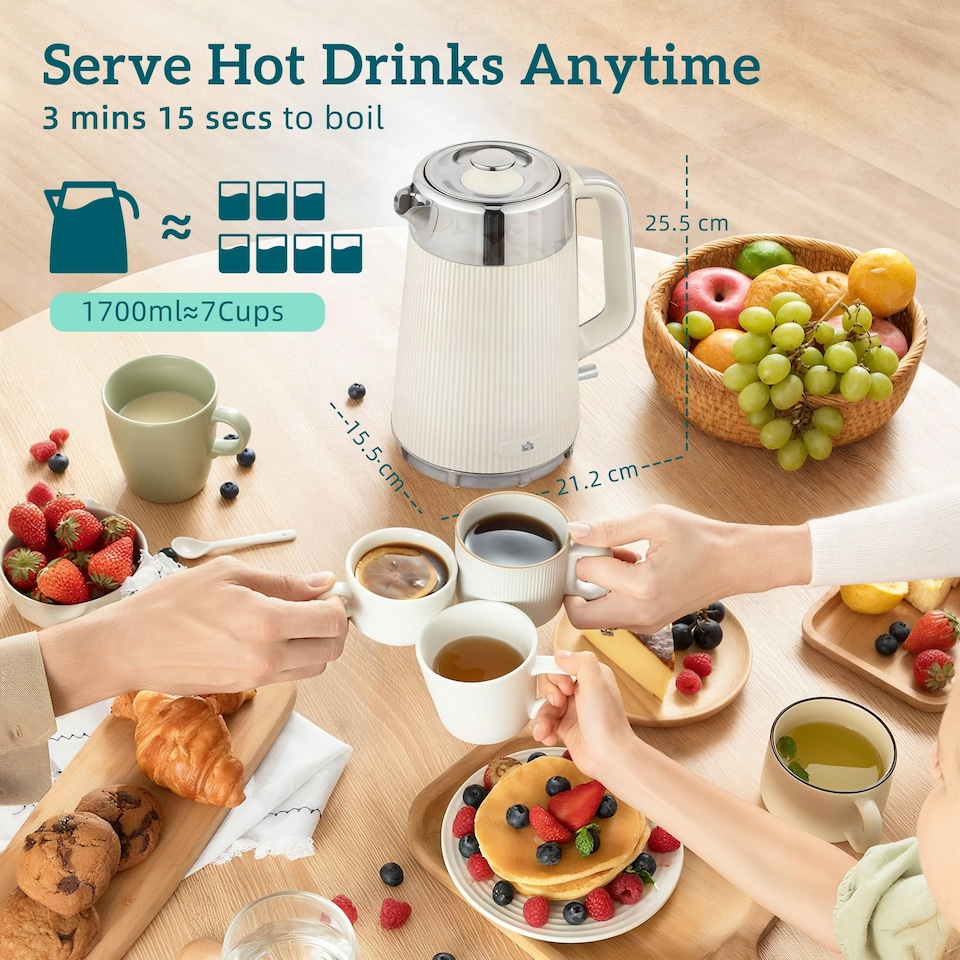 image 1 of HOMCOM 1.7L 3000W Rapid Boil Kettle and 4 Slice Toaster Set Crumb Tray Cream