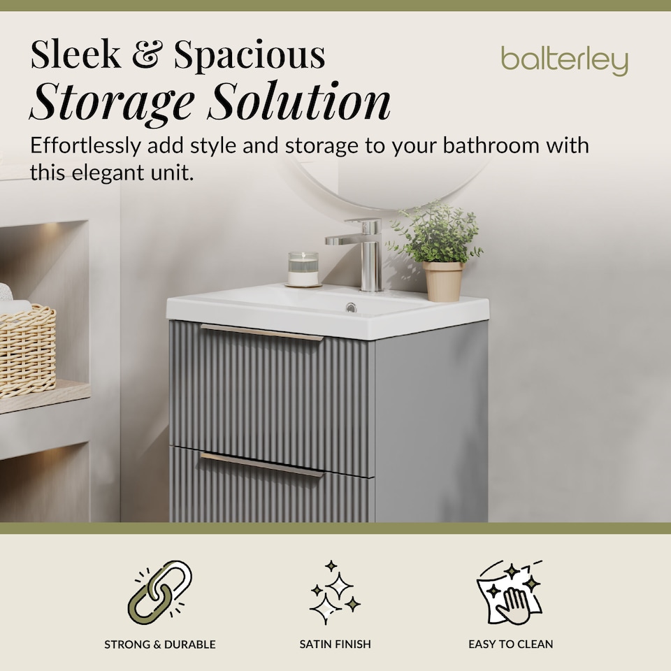 image 1 of Balterley Fluted Wall Hung 2 Drawer Vanity Basin Unit with Ceramic Basin | Grey | Satin Grey