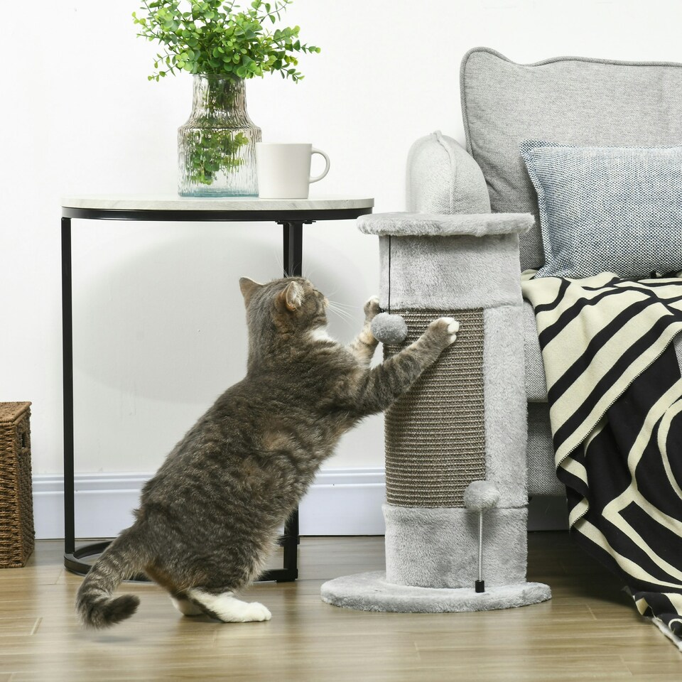 image 1 of PawHut Claw Scratcher Corner Wall, with Plush Sisal Toy Balls, 58cm, Grey