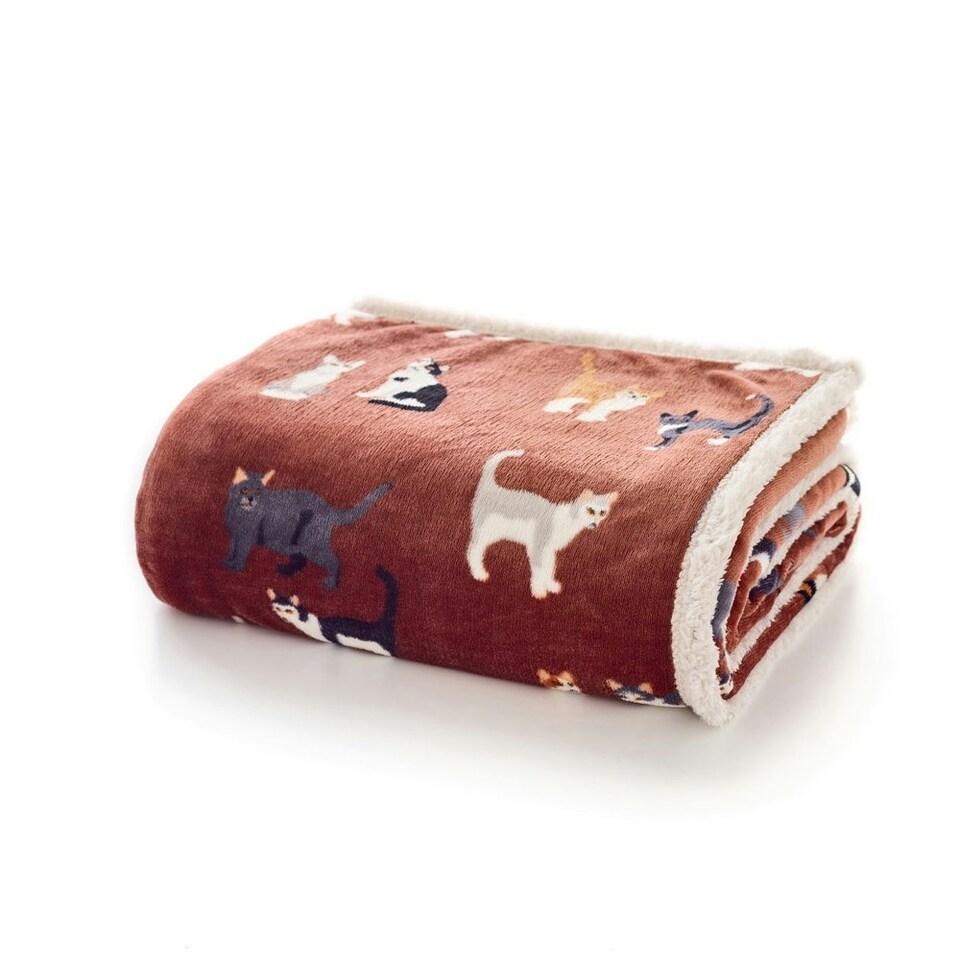 image 1 of Mixed Kitty Brick Cat Print Flannel Throw with Cosy Sherpa Back – 140x180cm Red | Brick