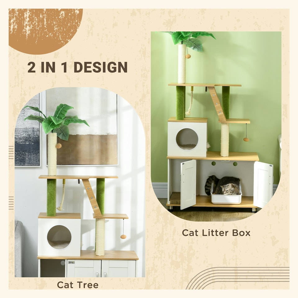 image 1 of PawHut 2-in-1 Hidden Litter Box with Green Leaf Cat Tree, Indoor - Oak