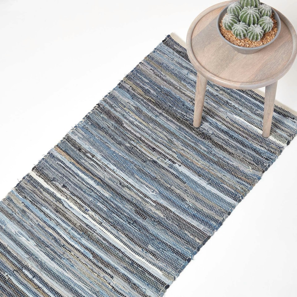image 1 of Homescapes Blue Denim Handwoven Striped Chindi Hall Runner - 66 x 200 cm | Blue | Blue