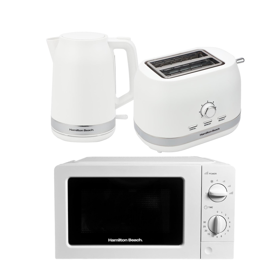 image 1 of Hamilton Beach Ella White Kettle, Toaster & Microwave Set