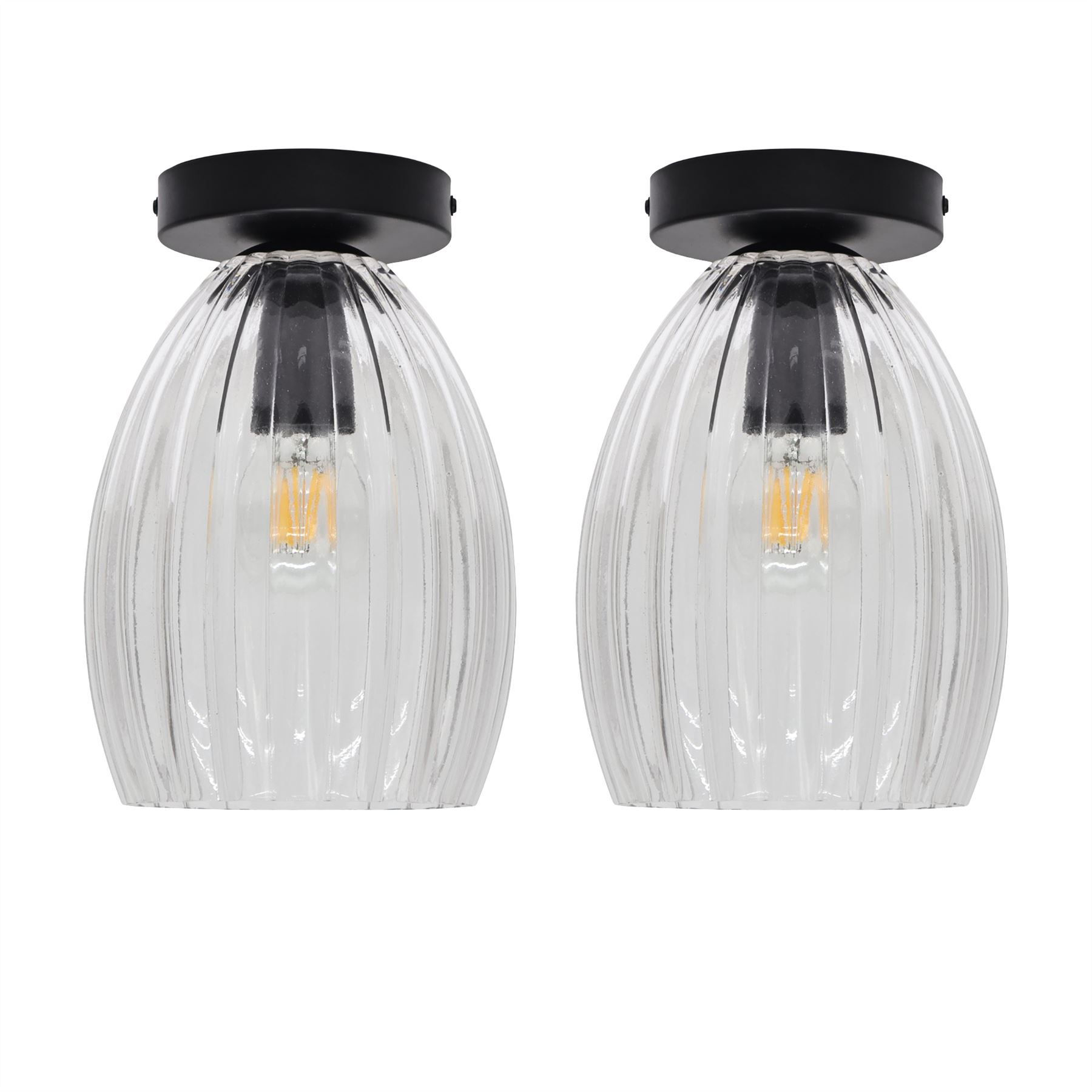 First Choice Lighting Set of 2 Birch - Clear Fluted Glass Black Ceiling Light Fittings