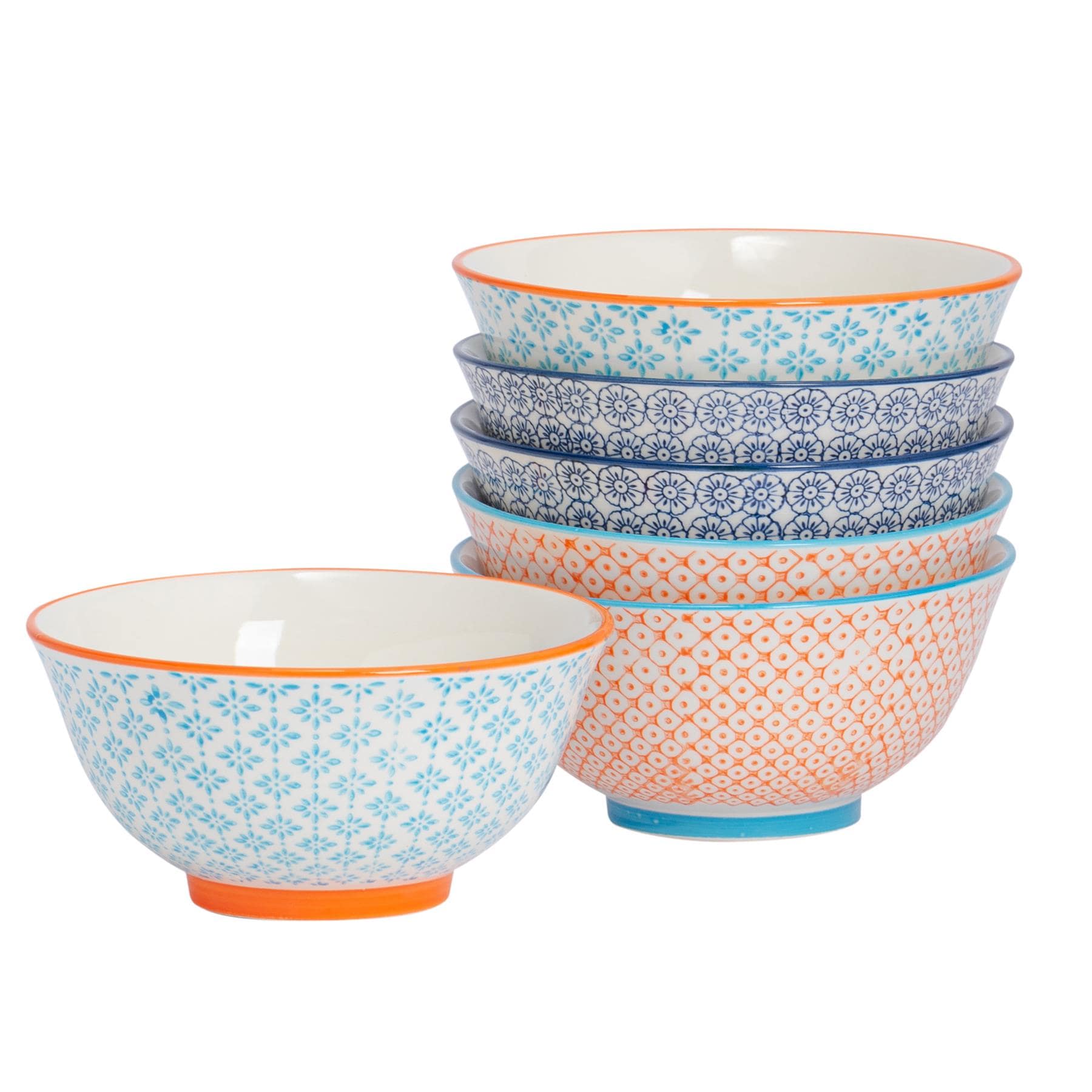 Nicola Spring Hand-Printed Cereal Bowls - 16cm - 3 Colours - Pack of 6 Multi Multi