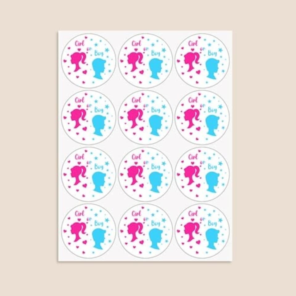 image 1 of Dolls Gender Reveal Round Stickers 60mm - Sheet of 12