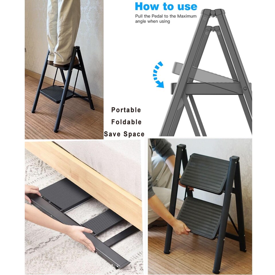 image 1 of Gr8 Home 2 Step Ladder Black Folding Stool Non Slip Heavy Duty Carbon Steel Lightweight