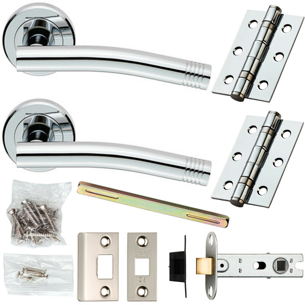 Loops Door Handle & Latch Pack Chrome Modern Angled Arch Bar on Screwless Round Rose