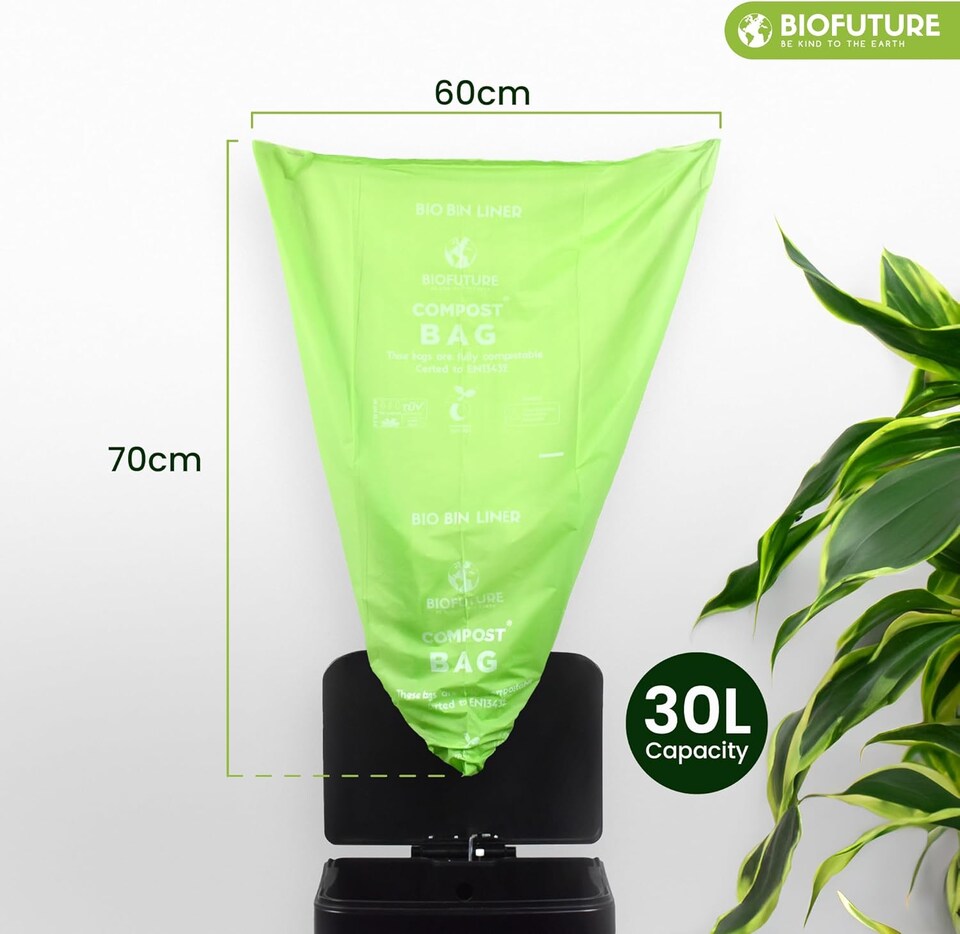 image 1 of Biofuture 30L x 75 Compostable Bin Liners | Home Compostable & Council Approved | Fits 29-31L Kerbside Food & Compost Bins | EN13432 Certified & TUV Certified