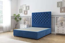 Sloomy Mayfair Navy Plush Divan Bed Base 2 Drawers Same Side With 26 Inch Strutted Headboard | Blue | Navy | Small Double | 1