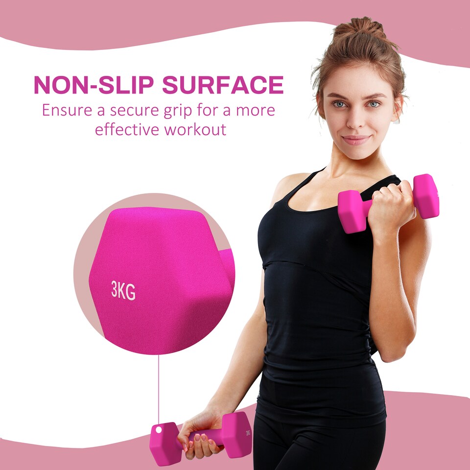 image 1 of SPORTNOW Set of 2 Hexagonal Dumbbells Weights Pair, 2 x 3kg, Pink