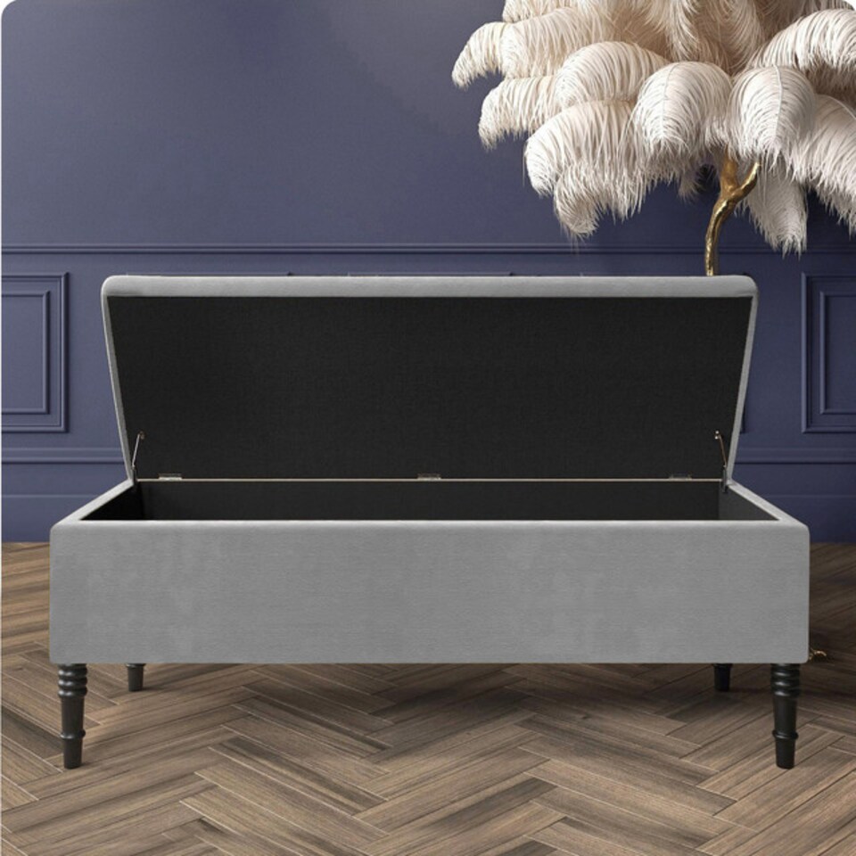 image 1 of 150cm Paris Plain Ottoman Storage Bench -Naples Shoes Bench with Black Turned Wooden Legs - Grey Upholstery Storage Footstool