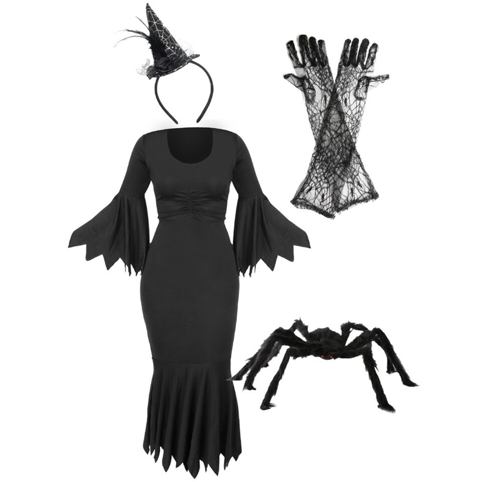 image 1 of Spider Witch Costume with Spider Prop | Black | XL