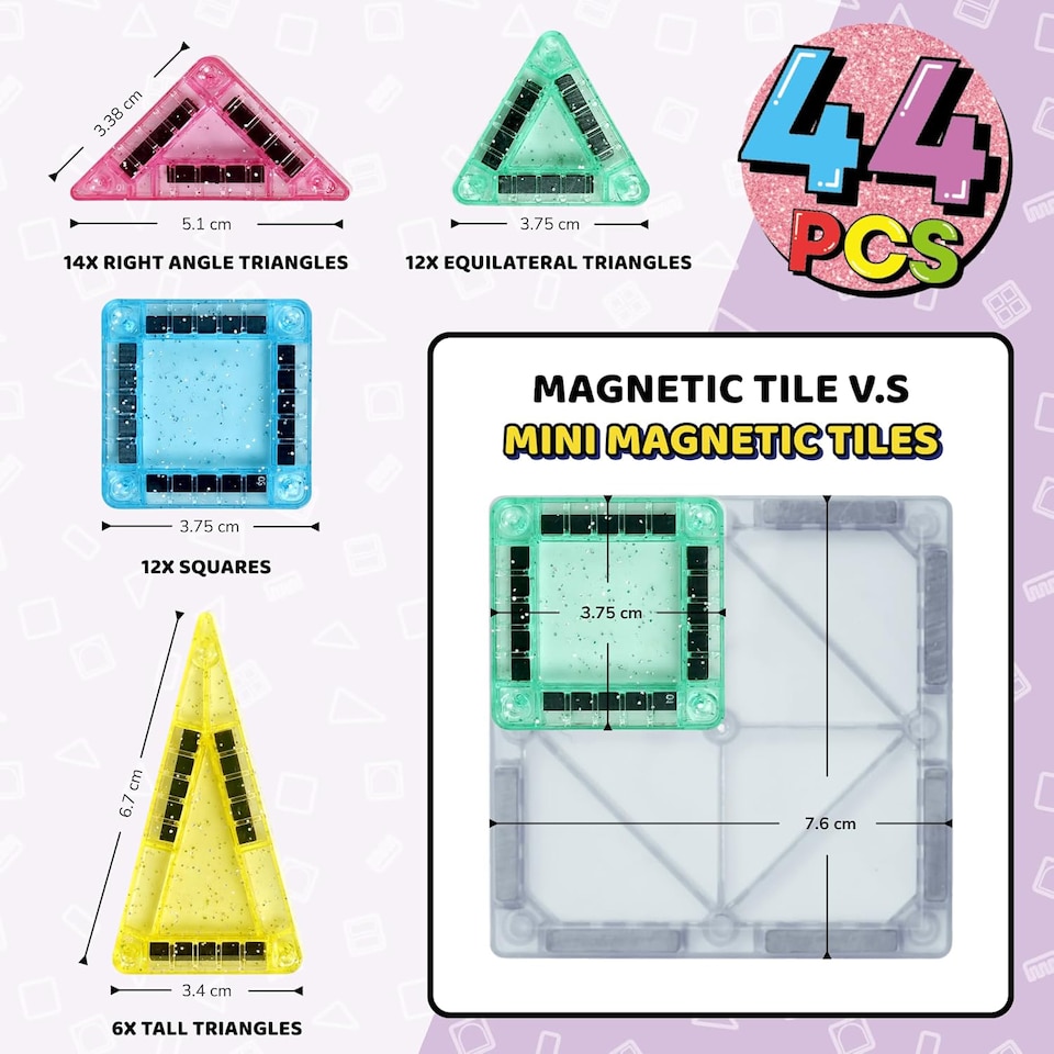 image 1 of Science Kidz 44-Piece Glitter Series Mini Magnetic Tiles Travel Set