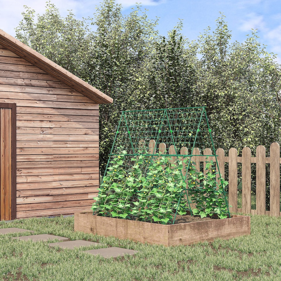 image 1 of Outsunny Garden Cucumber Trellis for Climbing Plants, A-Frame Trellis Plant Support with Climbing Net, DIY Adjustable Cucumber Support Frame for Raised Bed, Vegetables, Flowers, Fruit, Green