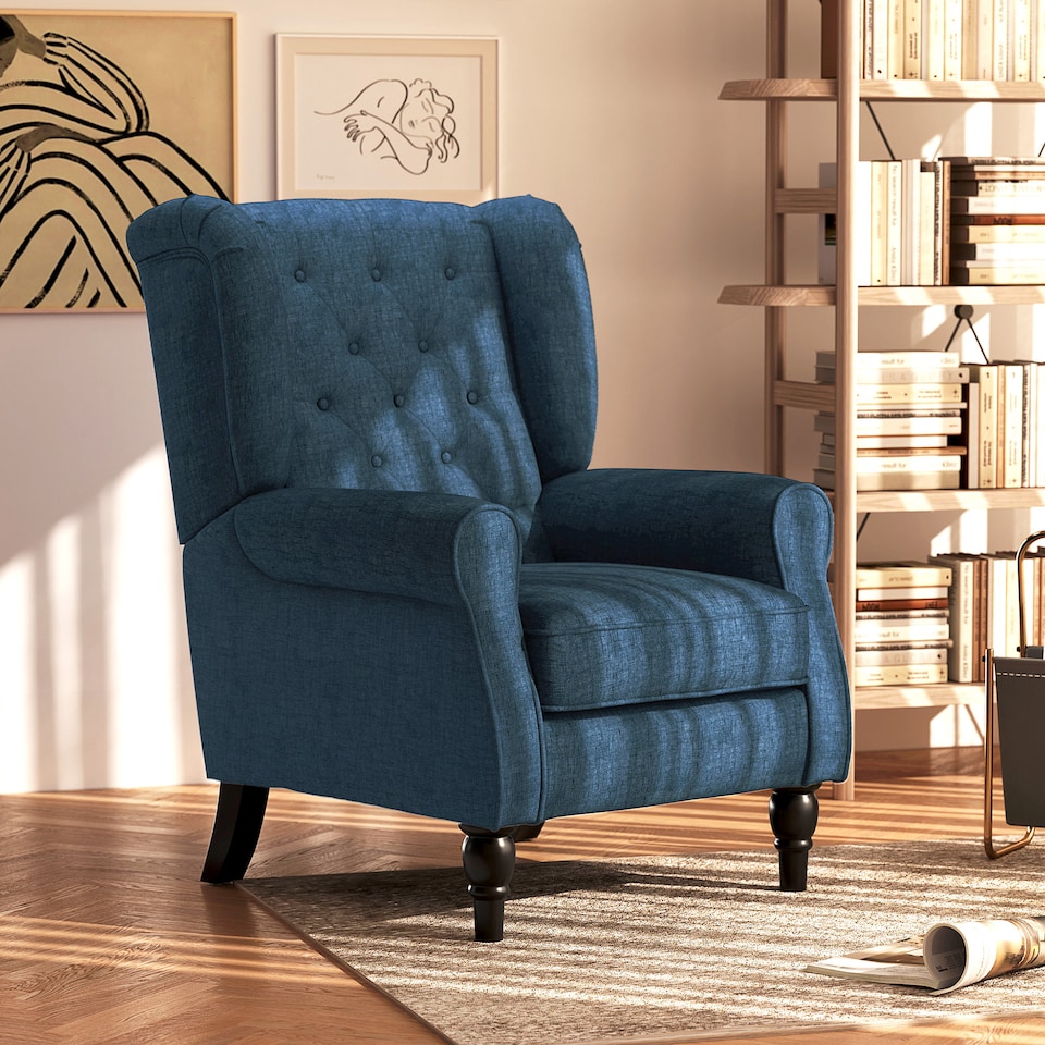 image 1 of HOMCOM Retro Accent Chair, Snow Flannel Wingback Armchair with Wood Frame Button Tufted Design for Living Room Bedroom, Blue