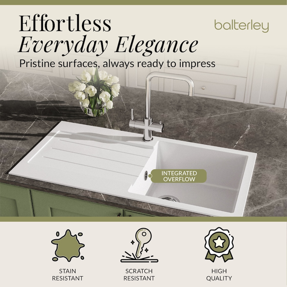 image 1 of Balterley 100cm Kitchen Single Bowl Composite Inset Sink with Overflow & Reversible Drainer