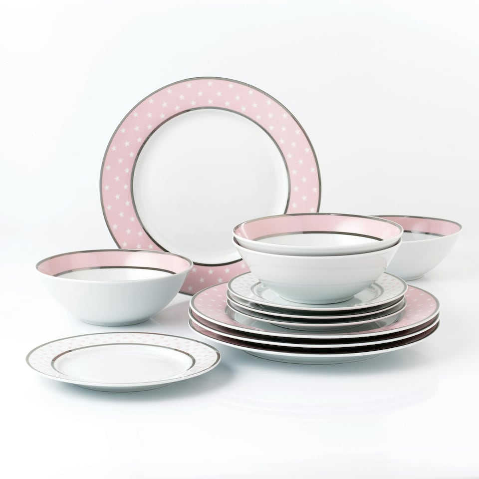 image 1 of 12pc Pink Star with Platinum Band Rim Dinner Set