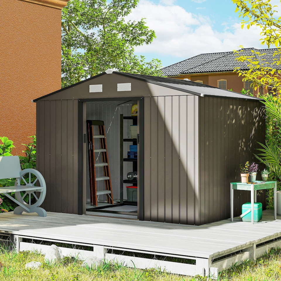 image 1 of Outsunny 9 x 6FT Galvanised Garden Storage Shed with Sliding Door, Brown