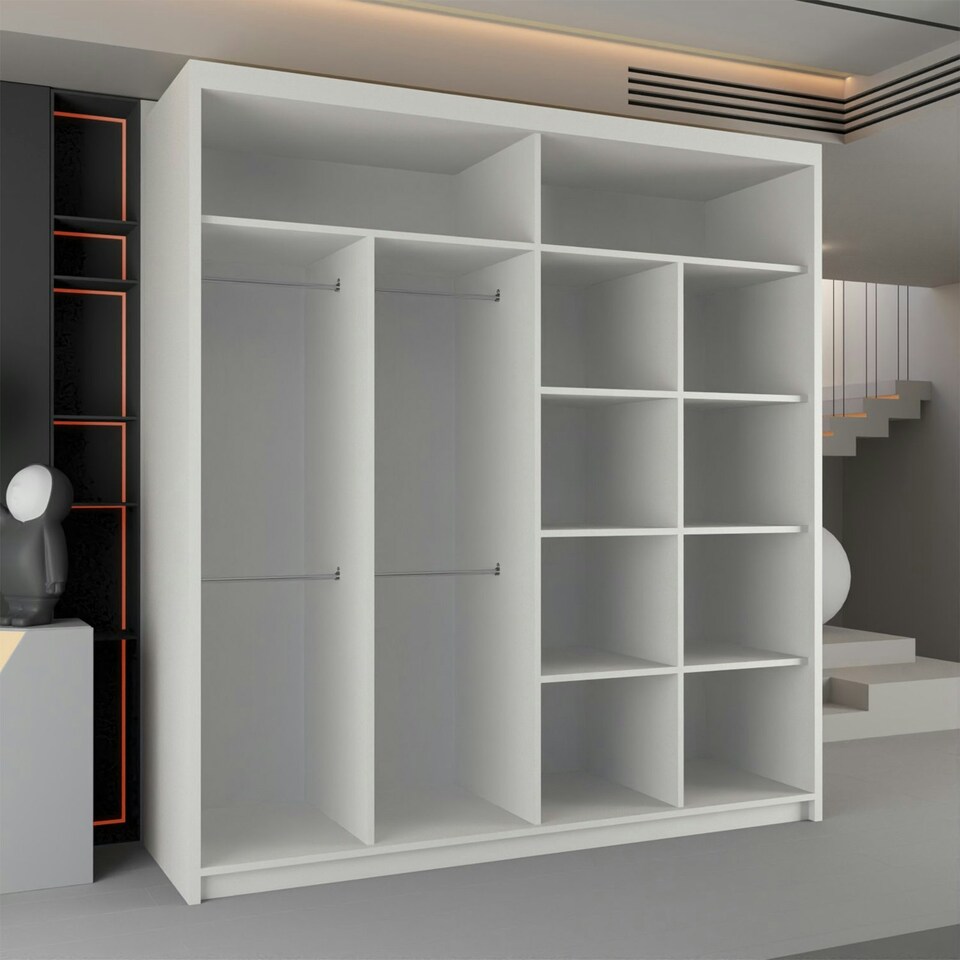 image 1 of Sleek Sliding Wardrobe 203cm with Curved Mirror Design | White, Black, Grey Finish White | White203cm 