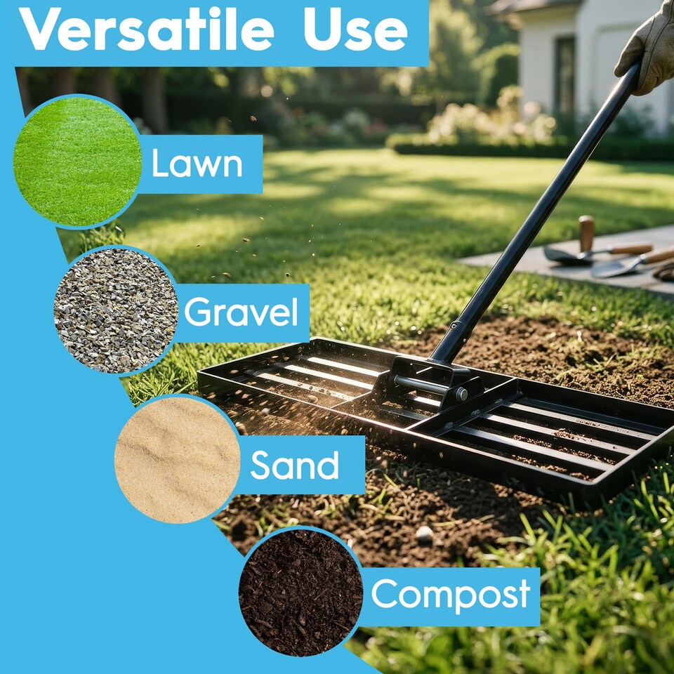 image 1 of Harbour Housewares Heavy Duty Steel Lawn Levelling Rake - 106 x 25cm - Wide Garden Leveling Tool Soil Spreader Landscaping Tool