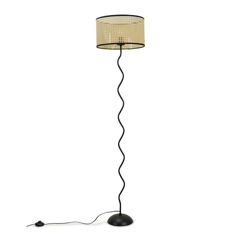 image 1 of ValueLights Black Metal Wavy Stem Floor Lamp with a Natural Cane Wicker Black Trim Shade - Bulb Included